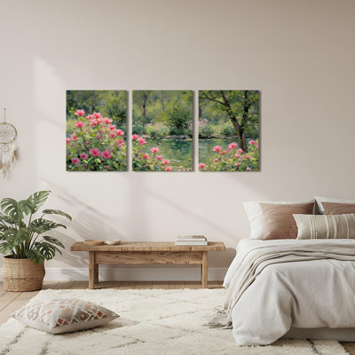Canvas Wall Art Set Of 3 Impressionist Floral Garden Paintings Wall Decor Vintage Nature Landscape Artwork Prints Cottagecore Pictures Framed For Living Room Bedroom