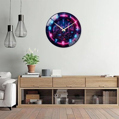 Neon City Clock Art - 24‘’ Modern Glass Wall Clock