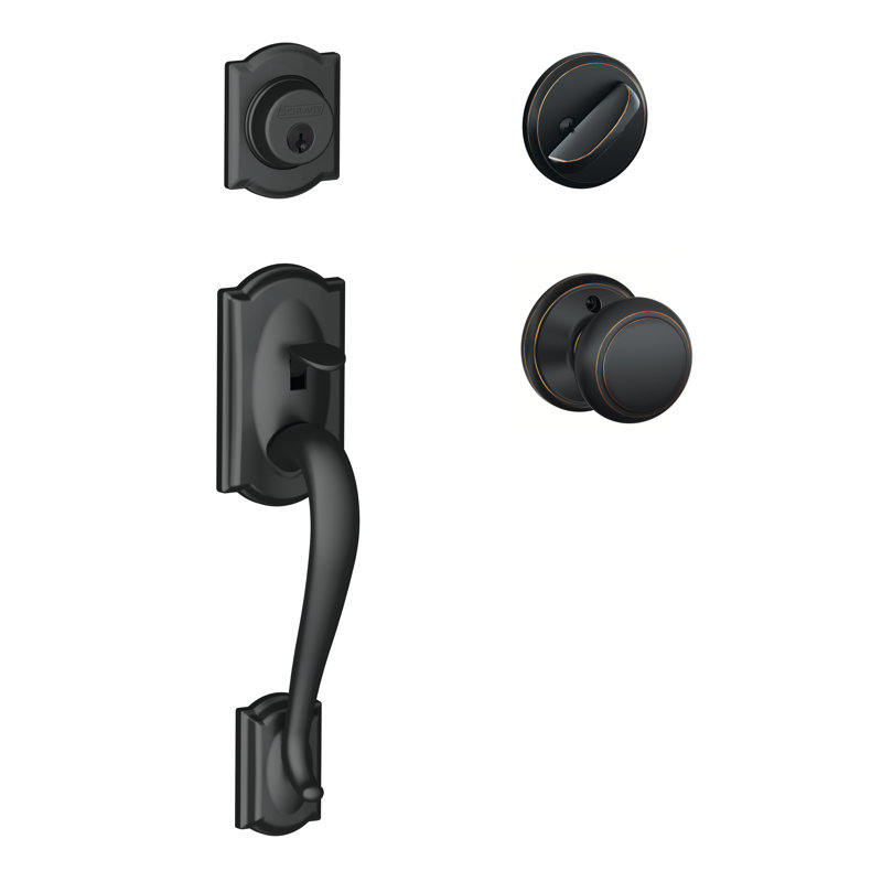 Jeu poignées camelot avec verrou et bouton de porte andover et rosette à cylindre simple, Noir Mat sur bronze vieilli, Oui