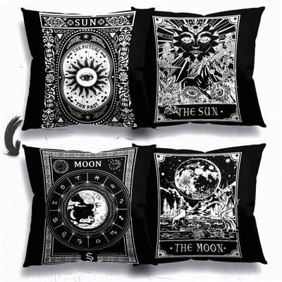 Mystic Tarot Reversible Pillow Cases - Set of 2 Gothic Throw Pillow Covers for Home Decor & Oddities Gifts - Tarot Card Design