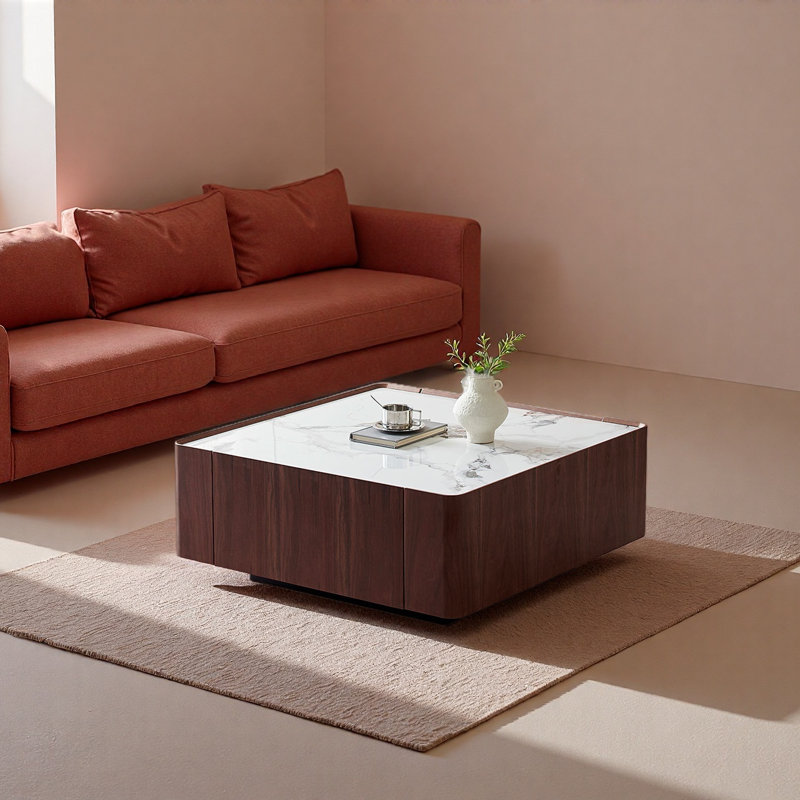 Table basse Mid-Century en noyer Rockboard, H 13,8 po x L 31,5 po x l 31,5 po, Blanc/Noir