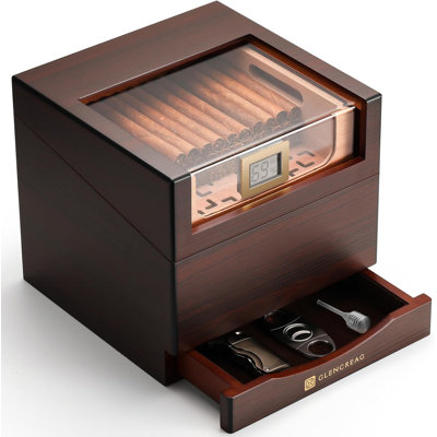 GLENCREAG FT-2041 Cigar Humidor Box for 85 Counts, Front See-Through Design, Spanish Cedar Lining & Divider, Digital Hygrometer