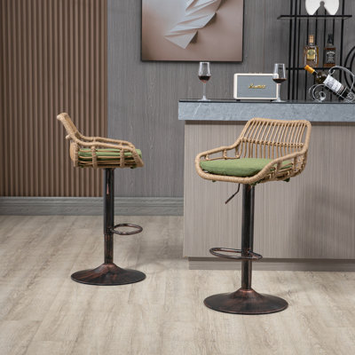 Modern Swivel Bar Chairs Of 2, Adjustable Height With Footrest For Kitchen & Dining, Linen Fabric Seat Cushion Stools 2 In , Metal Frame, Upholstered Seats, 250Lb Weight Limit
