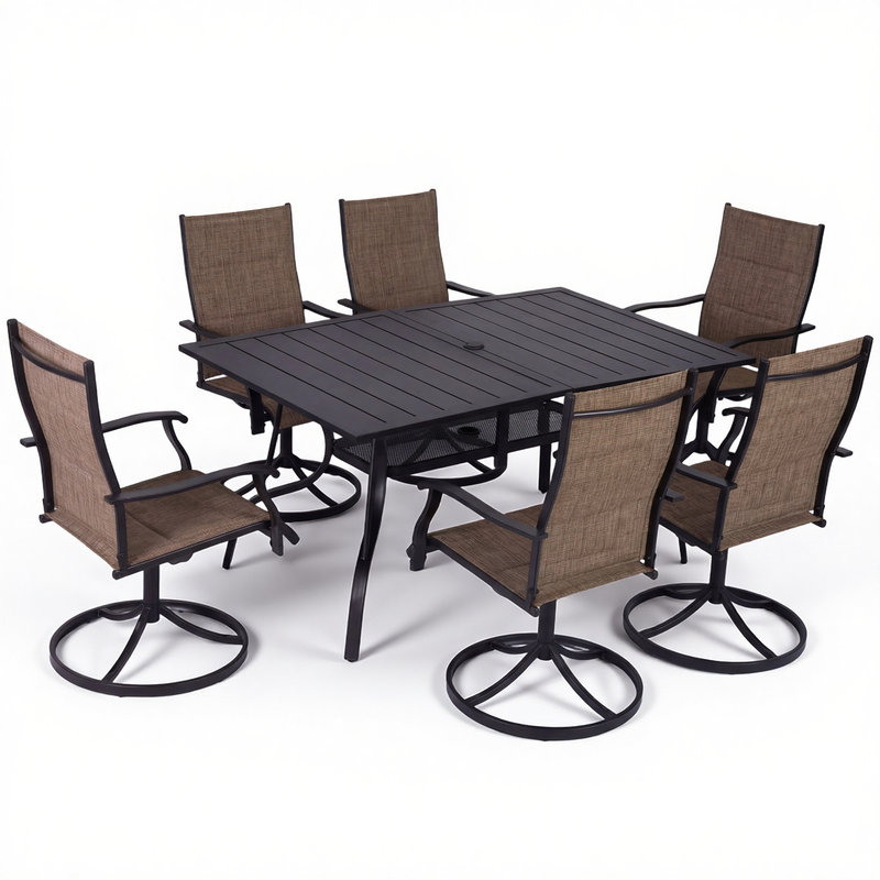 7-Piece Outdoor Patio Dining Set with Swivel Chairs & Metal Table, All-Weather Furniture for Deck, Lawn, Garden - Brown