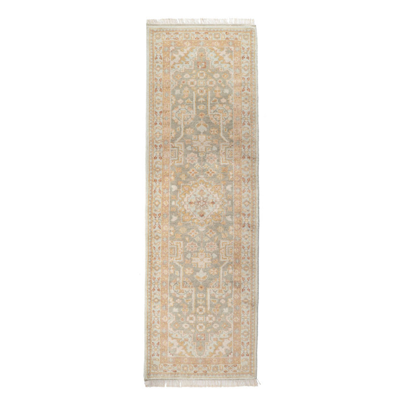 Kendra Hand Knotted Wool Oriental Area Rug in Olive/Taupe/Sky Blue, Runner 2'6" x 8'