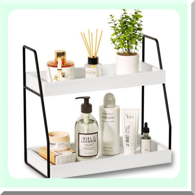 Dual-Tier White Wood Organizer: Bathroom Vanity & Kitchen Spice Rack Shelf