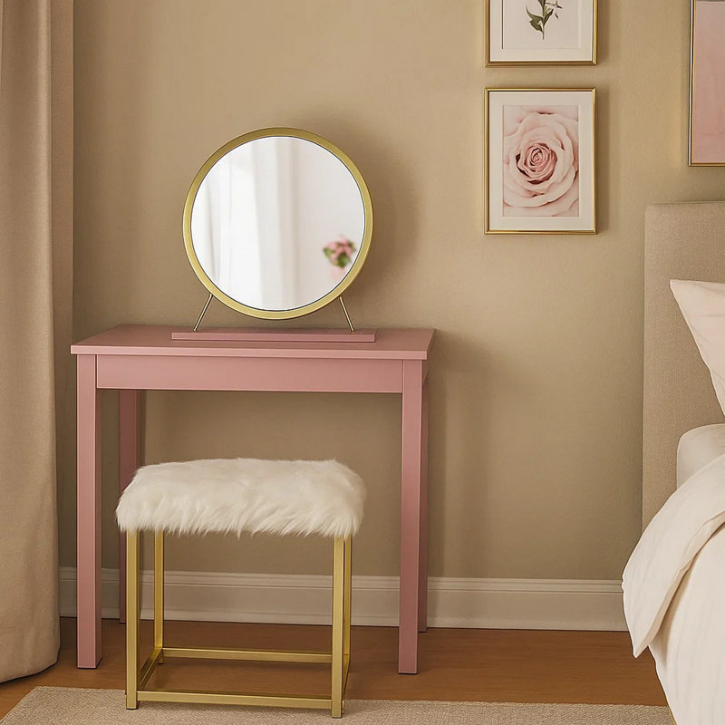 Miroir de salle de bain rond rose avec tabouret, siège en fausse fourrure, laiton Rose, Rose / or