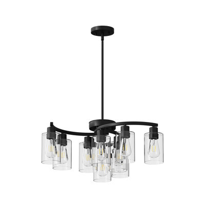Lustre industriel moderne à 9 lumières de style campagnard noir avec abat-jour en verre transparent pour salle à manger et îlot de cuisine