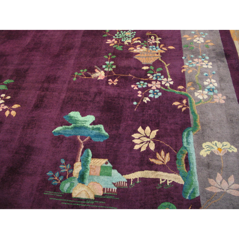 Antique Floral Wool Hand Knotted Pile Purple / Lavender Mauve 1920s Rug