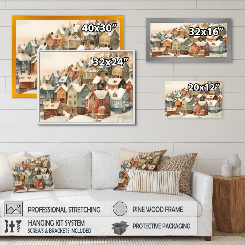 Winter Village III - paysage moderne, art mural, H 12 po x l 20 po x P 1 po, Toile tendue