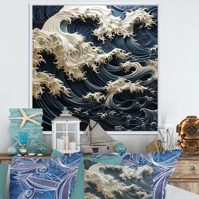 Abstrait bleu et blanc, tempête océanique sur toile, H 36 po x l 36 po x P 1,5 po, Cadre flottant blanc