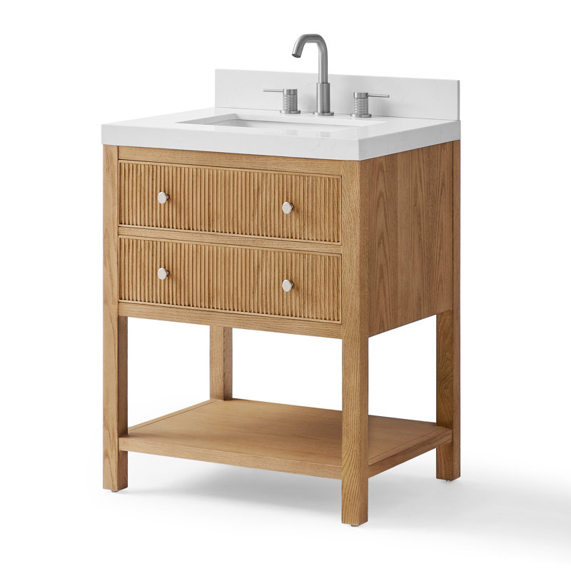 Meuble-lavabo Capri 28 po en bois massif avec un seul lavabo et un comptoir en quartz blanc Thassos de 2 po., Chêne naturel