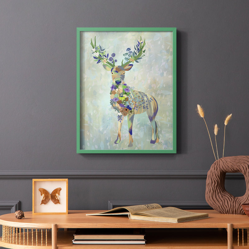 Fantastic Florals Deer, reproduction encadrée complète - bois massif, Vert, H 10 po x l 8 po