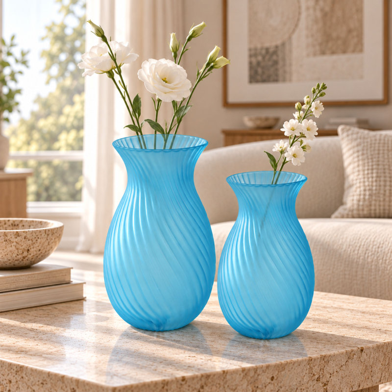Vases de table en verre texturé dépoli en forme de tulipe Fleurine, ensemble de 2, verre coloré, bleu, Bleu