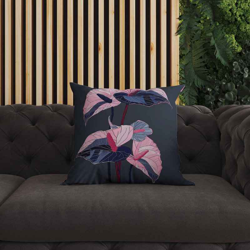 Coussin intérieur / extérieur Anthurium Bloom, Rose / Gris, Carré 26 po