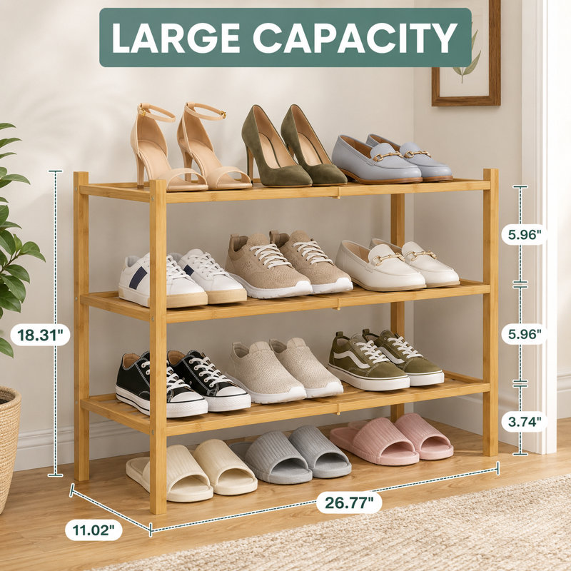 Natural Bamboo 3-Tier Stackable Free Standing Shoe Organizer, Storage Shelf for Entryway Closet Bags or Plants
