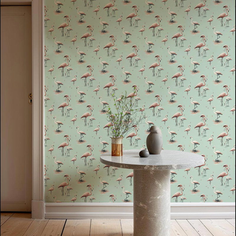 Flamant rose - papier peint vert Caraïbes