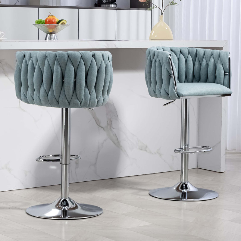 Tabouret de bar pivotant à hauteur ajustable avec dossier tissé et repose-pieds, Bleu