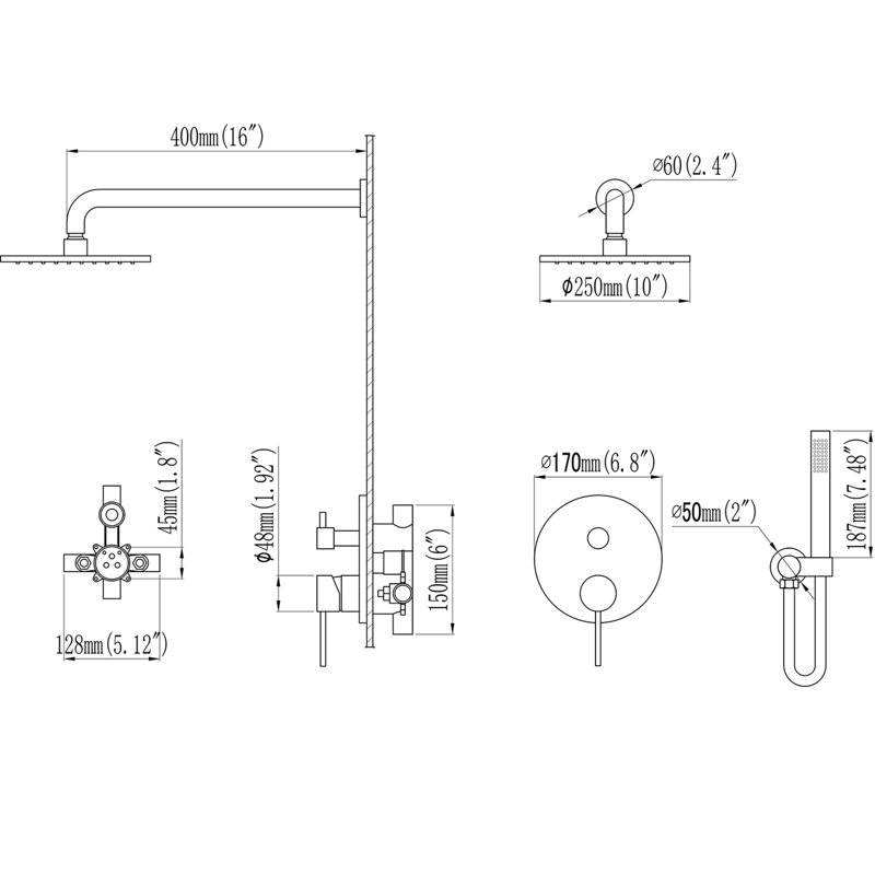 Système de douche mural 10 "à double fonction avec valve à pression équilibrée, Noir mat