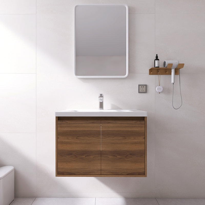 28" Floating Bathroom Vanity with Sink | Wall-Mounted Wood Cabinet, Soft-Close Storage & Ceramic Top, Brown Walnut, 28"