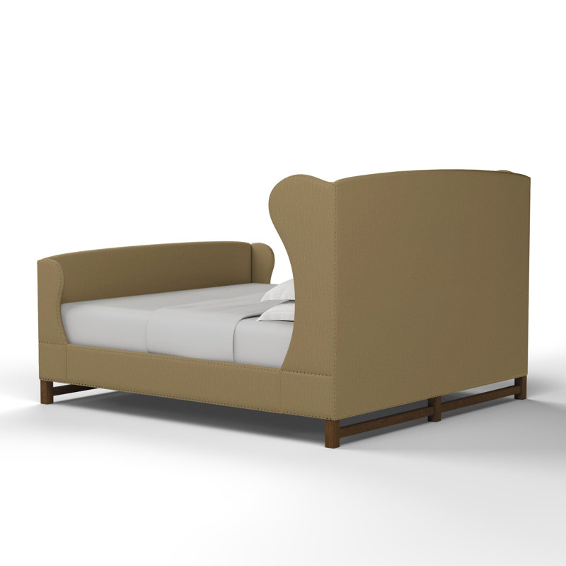 Herbert Upholstered Wingback Bed, Box Weave Linen Marzipan, Dark Brown, Twin