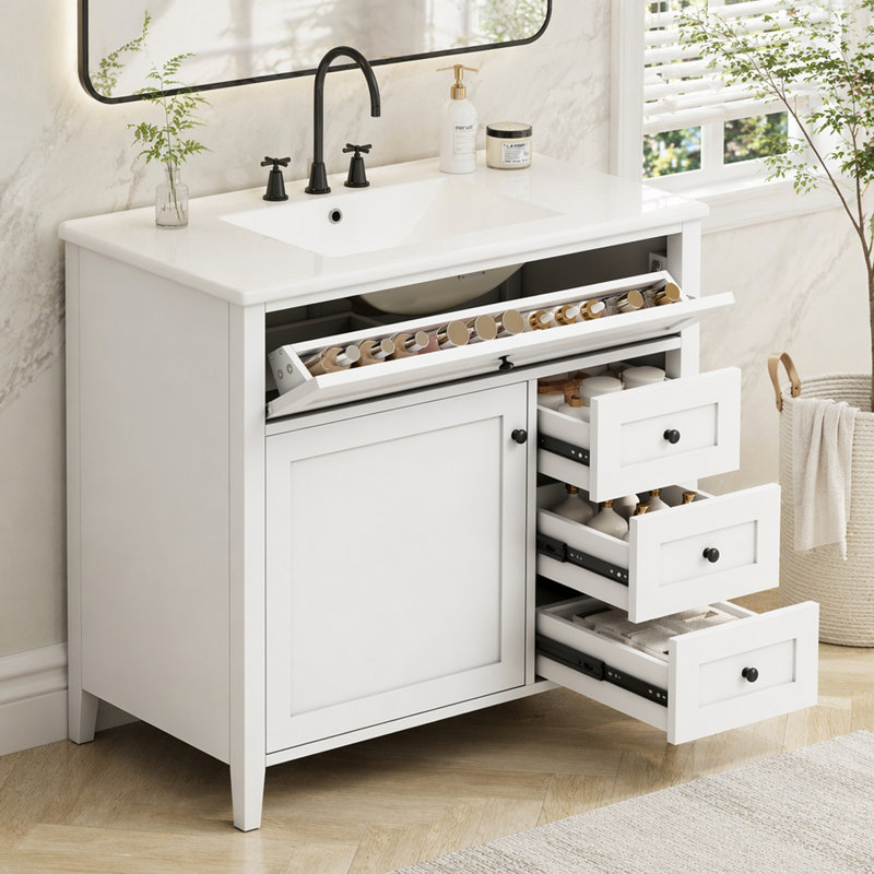 Meuble-lavabo autoportant avec lavabo, 3 tiroirs et tablette réglable, White, H 33,9 po x l 36 po x P 18,3 po