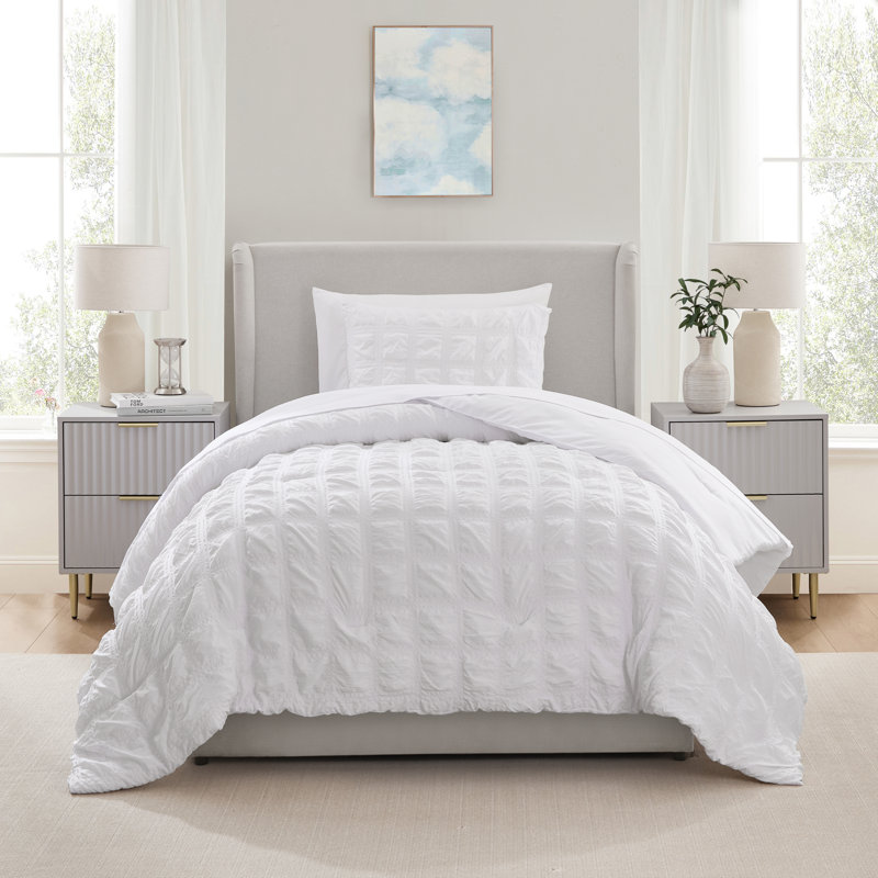 Bed in a Bag Seersucker Diamond Stitch 5 Piece Comforter Set, White, Twin
