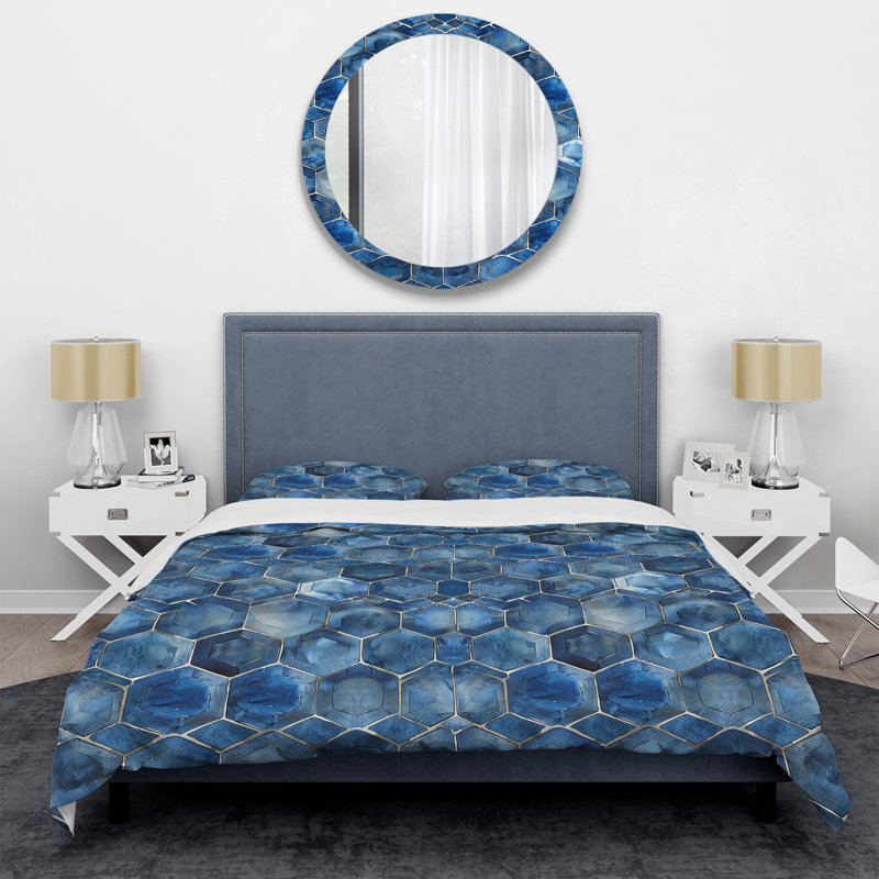 Ensemble de housse de couette moderne à imprimé hexagonal bleu et blanc, Housse de couette très grand et 2 très grandes t