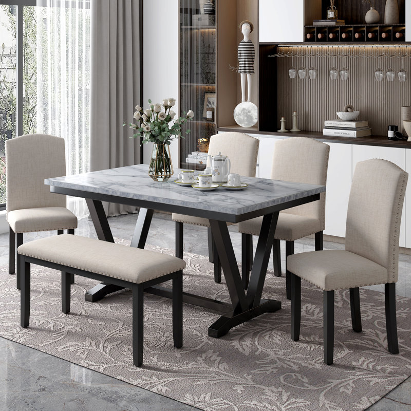 Table de salle à manger de style moderne 6 pièces avec 4 chaises et 1 banc, table avec placages marbrés et pieds en V