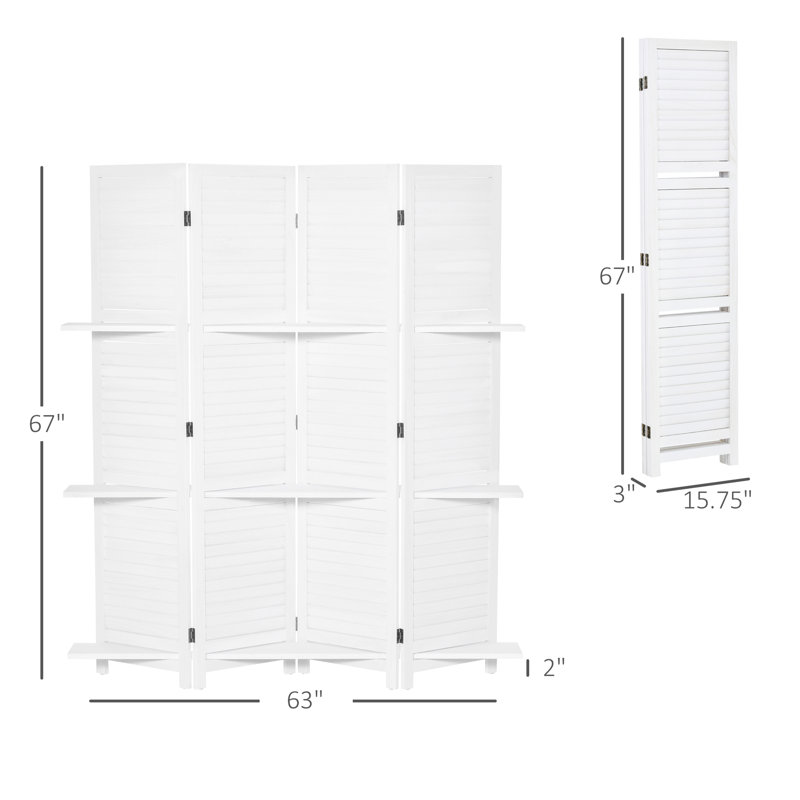 Paravent 4 panneaux en bois de 67 po de hauteur, 3 tablettes de présentation et bureau pliant pour la chambre à coucher / bureau à domicile, écran blanc avec tablettes, maison / chambre à coucher