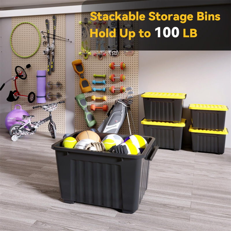 72 Quart Black and Yellow Stackable Plastic Storage Bins with Lids, 6-Pack