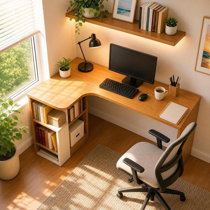 Bureau en L Takywep avec tablettes de rangement, petit bureau d'angle réversible pour petits espaces, bureau d'angle avec rangement, bureau d'ordinateur compact pour l'écriture, le bureau, les jeux, le chêne