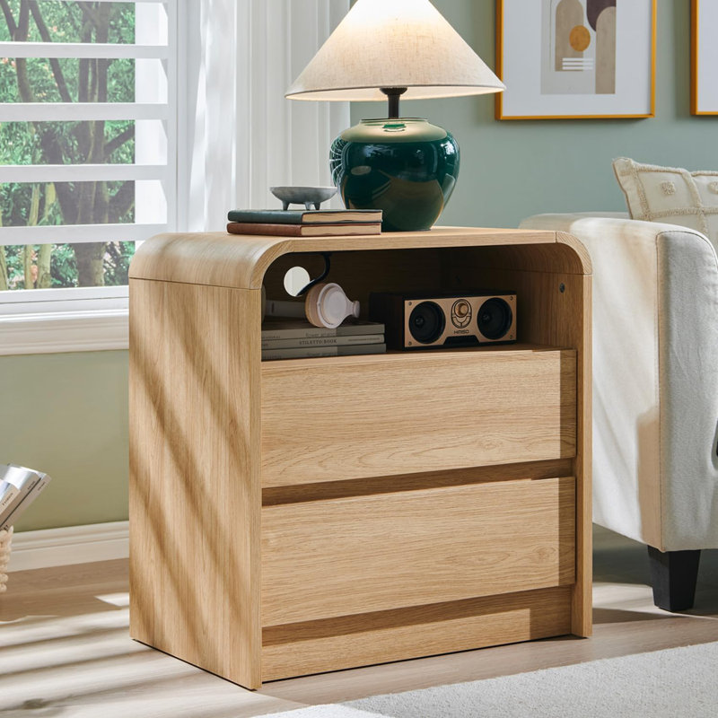 Table de chevet moderne de 25 po avec station de charge, 2 tiroirs et tablette ouverte, table de chevet en bois pour la chambre à coucher