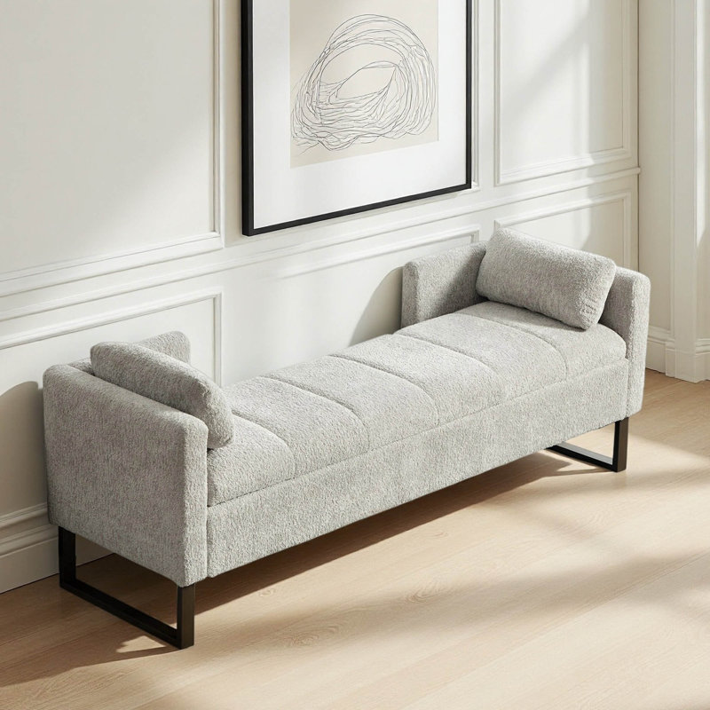 Banc de rangement 64 po avec 2 coussins et pieds en métal, Gris clair