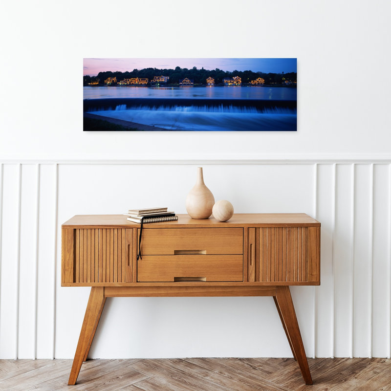 Boathouse Row Lit Up At Dusk Philadelphia Pennsylvania USA by Jerry Driendl Photography - Wrapped Canvas Panoramic Print