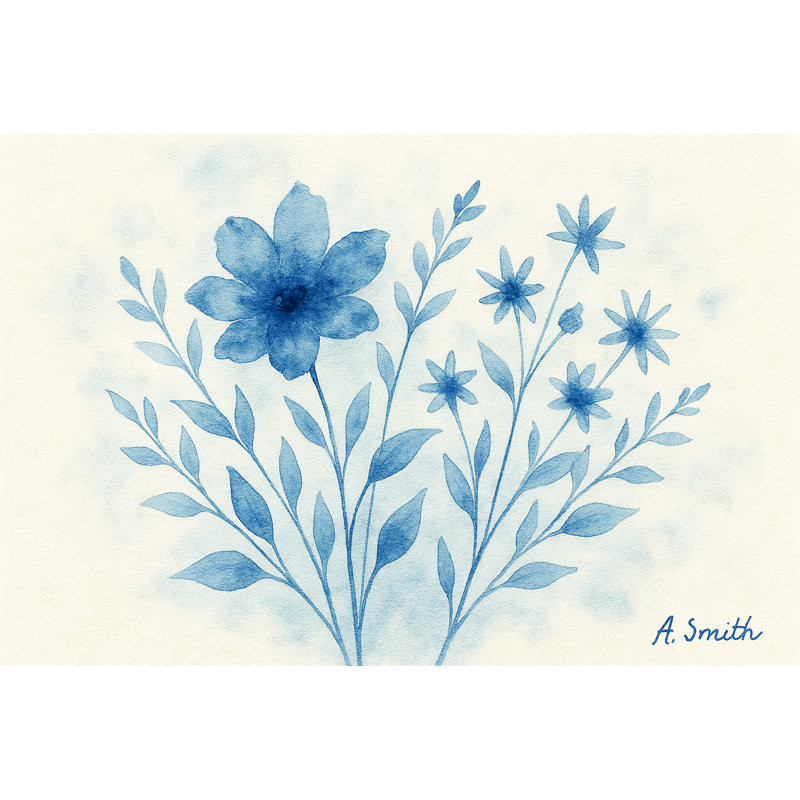 «Midnight Petals» - Art mural aquarelle indigo par A. Smith, H 16 po x l 24 po
