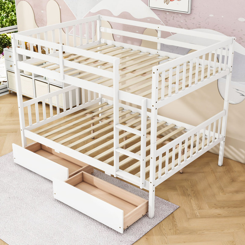 Rubber Wood Bunk Bed With Two Drawers, Full Over Full, White