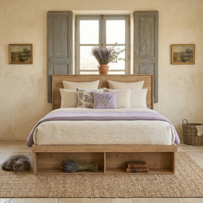 Modern Farmhouse Platform Storage Bed with Concealed Compartments and Open Cubbies