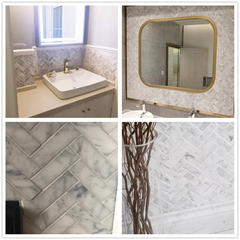 13" x 12" Marble Herringbone Mosaic Wall & Floor Tile, White/Gray