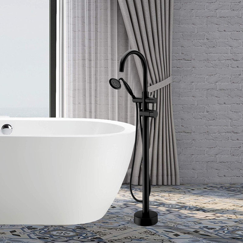 Robinet de baignoire sur pattes à deux poignées avec douchette sur pied, Noir mat