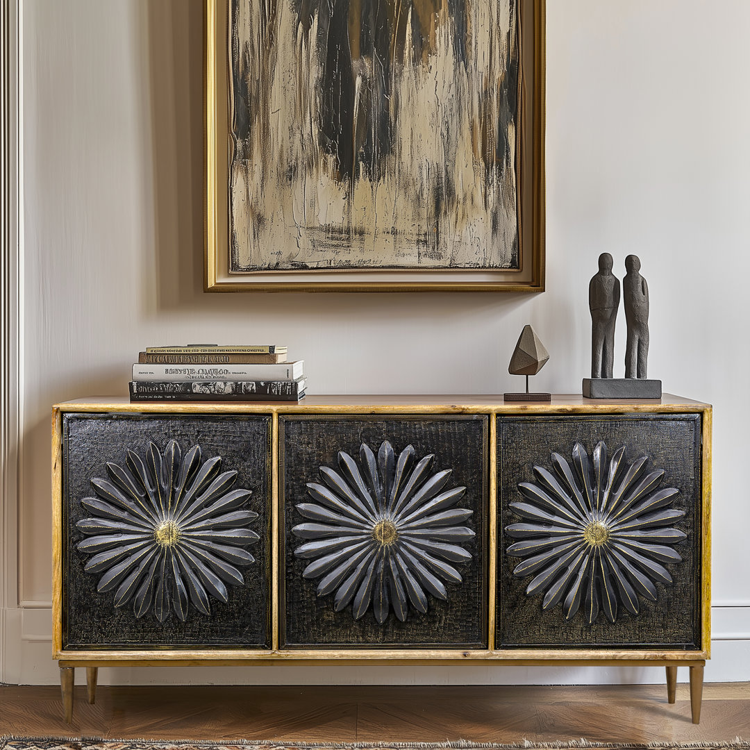 Adah 69" Mango Wood Cabinet with Metal Cladded Pattern Door Facades in Antique Bronze Finish Mercer41