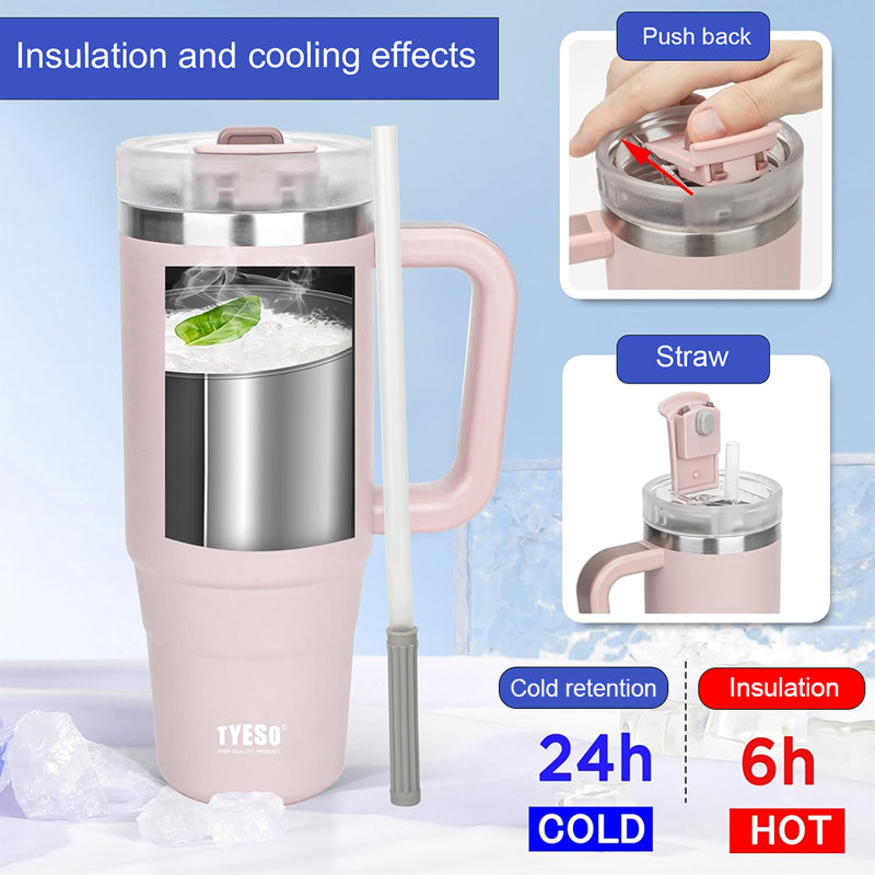 Gobelet isotherme avec paille TYESO, 40 oz, H 10,2 po x l 5,8 po x P 5,8 po, Rose