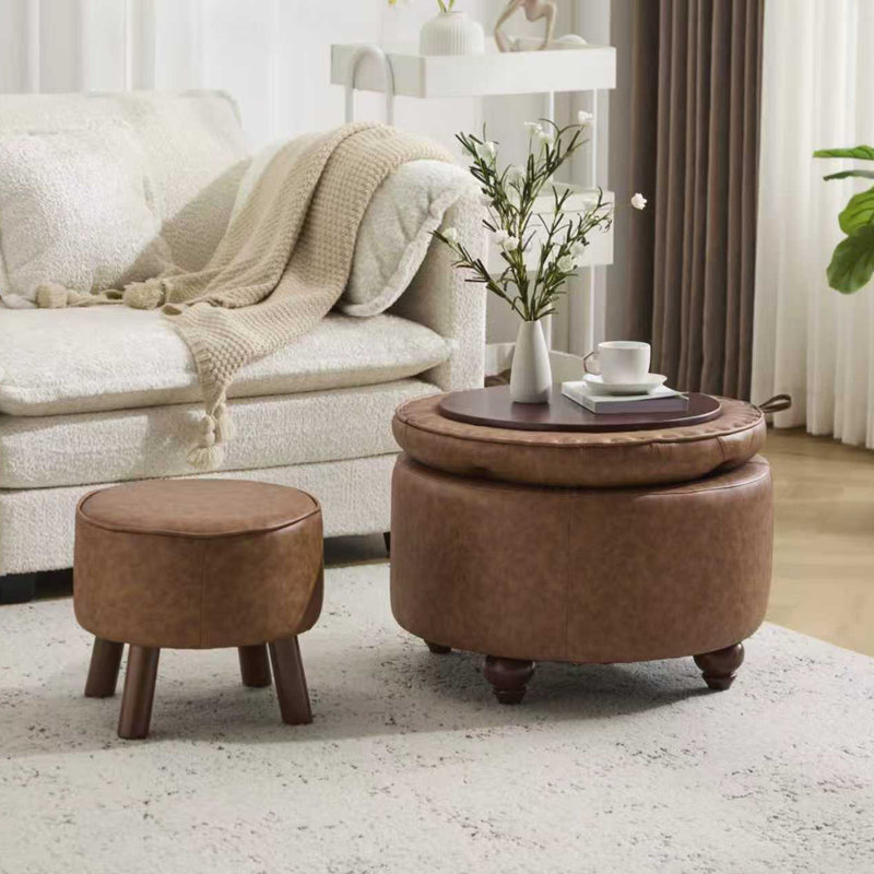 24inch Round Storage Ottoman, Set Of 2, Modern Pu Leather Coffee Table With Removable Top, Upholstered Ottoman With Storage Footrest Stool For Living Room, Bedroom (brown)