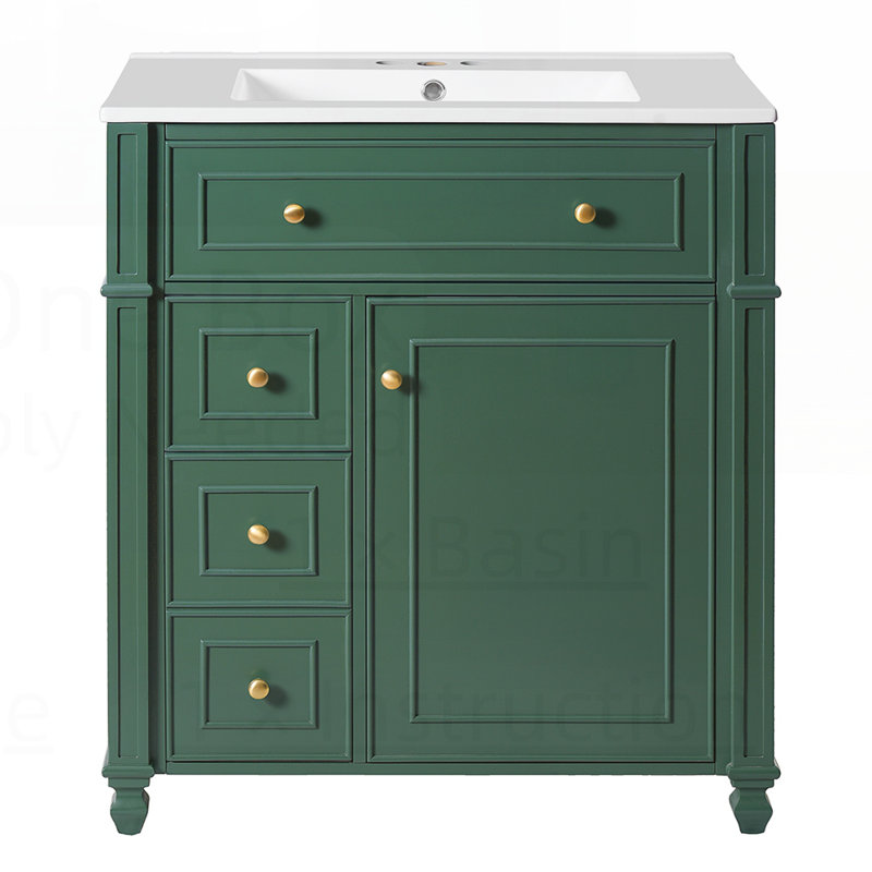 Bathroom Vanity Cabinet with Ceramic Sink, Soft Close Doors, and Door Organizer for Elegant Storage Solutions, Green/Gold