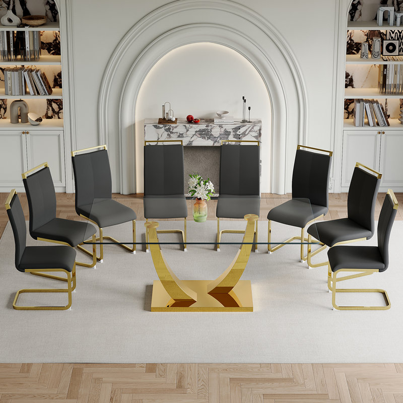 Glass Dining Table Set, 9, Black
