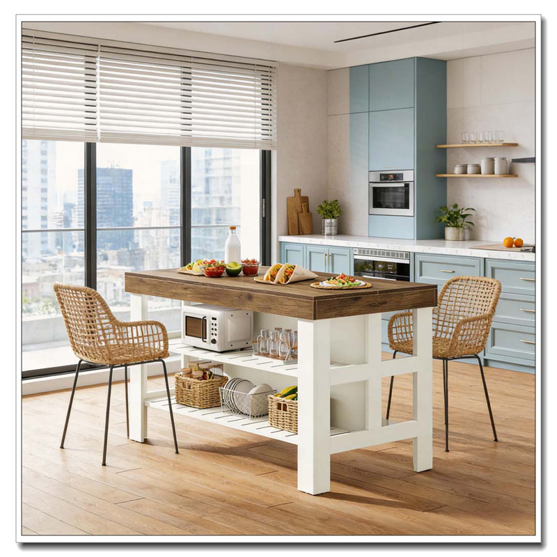 Îlot de cuisine avec grand comptoir et tablettes doubles