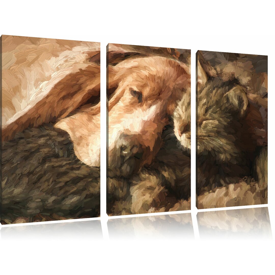 3-tlg. Leinwandbilder-Set „Katze und Hund kuschelnd“, Grafikdruck