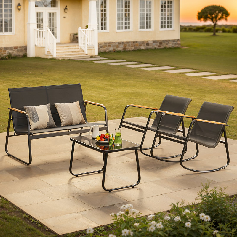 4-Person Cooling PVC-coated polyester Outdoor Patio Seating Group with Loveseat, Rocking Chairs & Solid Wood Armrests, Black