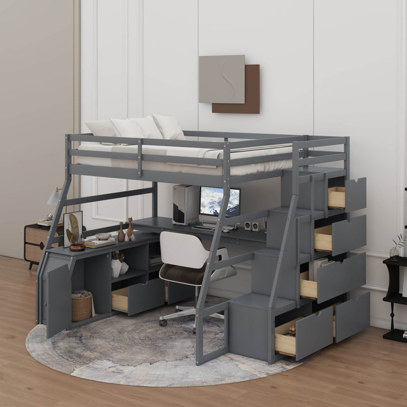 Lit mezzanine double avec tiroirs et bureau, Gris, Lit double