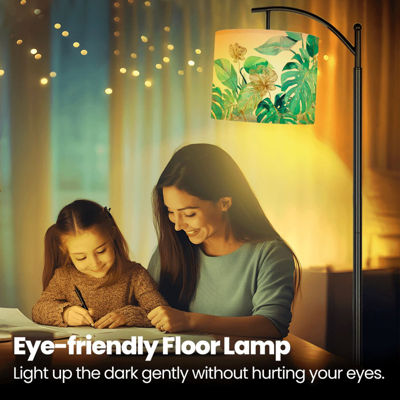 Lampe sur pied à arc avec abat-jour réglable botanique, vert, tropical, moderne, or, plante, feuilles, lampe sur pied, bohème, nature, 3 couleurs, intensité variable, haut, poteau avec interrupteur au pied pour la chambre à coucher